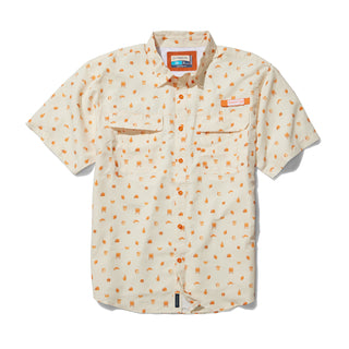 Short-sleeve shirt with orange pattern on a white background