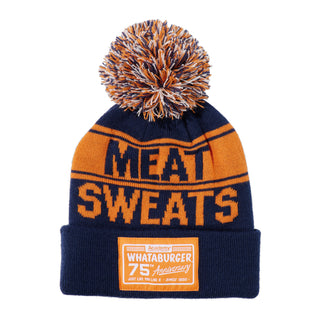 Navy and orange beanie with 'MEAT SWEATS' text and pom-pom on a white background