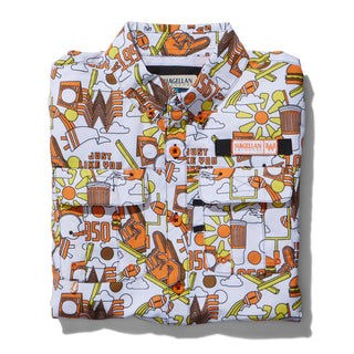 Folded shirt with colorful graphic design on a white background