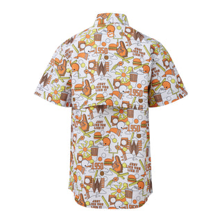 Short-sleeve shirt with colorful graphic design on a white background