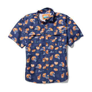 Navy blue shirt with orange and white sports-themed pattern on a white background