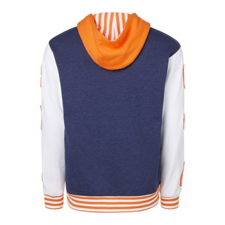 Back view of a blue and white hoodie with orange accents on a white background