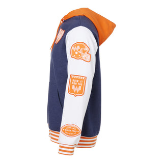 Hoodie with orange and white design on a white background