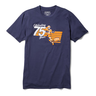 Navy blue t-shirt with orange and white graphic design on a white background