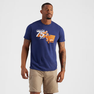 Man wearing a blue t-shirt with a graphic design on a white background