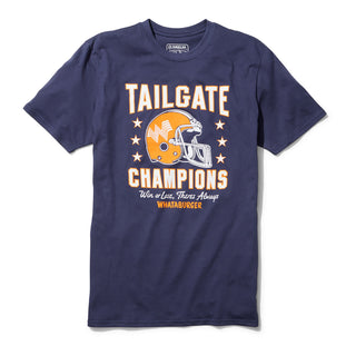 Navy blue t-shirt with 'Tailgate Champions' graphic on a white background