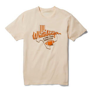 Beige t-shirt with orange graphic and text on a white background