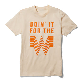 Beige t-shirt with orange text and logo on a white background