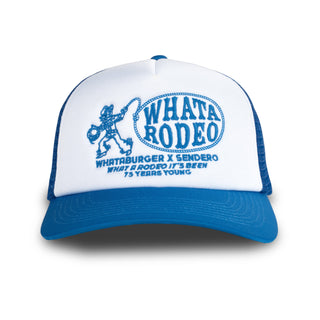 White and blue cap with 'What a Rodeo' text and branding on a white background