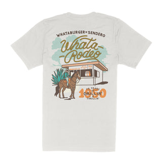 White t-shirt with graphic design of a horse, building, and text on a white background