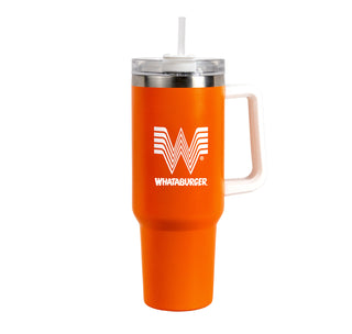 View Whataburger 40oz Tumbler with handle, lid, and straw.