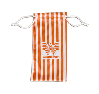 view orange and white striped storage bag for sunglasses
