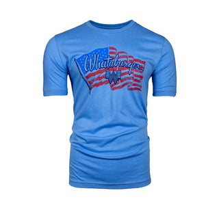 View stars and stripes whataburger tee with waving american flag behind the Whataburger script letters