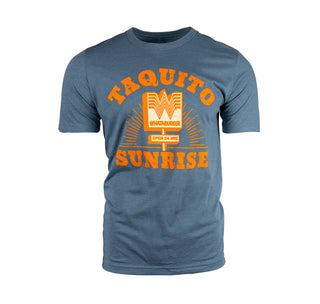 view taquito sunrise tee with orange slab serif lettering and the flying w emerging from a line art sunset.