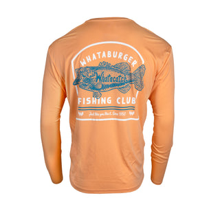 view back of whataburger fishing club uv tee long sleeve in peach colorway.