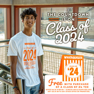 View model wearing white class of 2024 tee. Reads the countdown is on class of 2024. Free class of '24 table tent with purchase of a class of '24 tee. Valid 3/26/24 - 3/28/24 while supplies last. Not valid with any other offer or promotion.