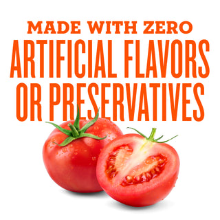 Whole and sliced tomatoes below text that reads 'Made with zero artificial flavors or preservatives.'