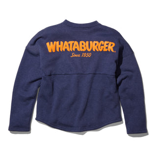 Navy blue sweatshirt with 'Whataburger Since 1950' text on the back against a white background