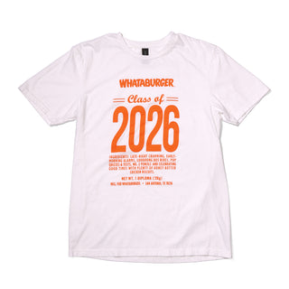 White t-shirt with 'Whataburger Class of 2026' text on a white background
