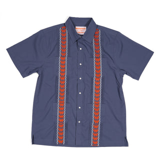 Navy blue shirt with orange and white pattern on a white background