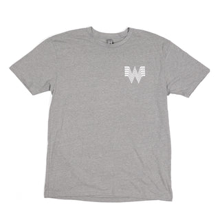 Gray t-shirt with a white logo on a white background