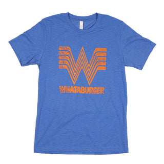 Blue t-shirt with orange 'Whataburger' logo on a white background