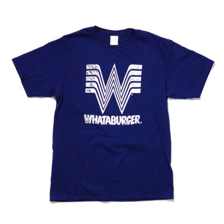Blue t-shirt with white 'Whataburger' logo on a white background