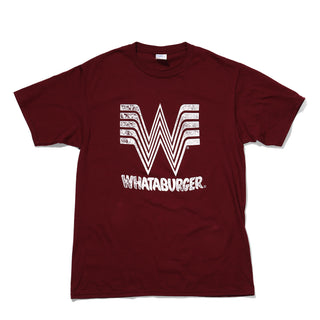 Maroon t-shirt with white 'Whataburger' logo on a white background