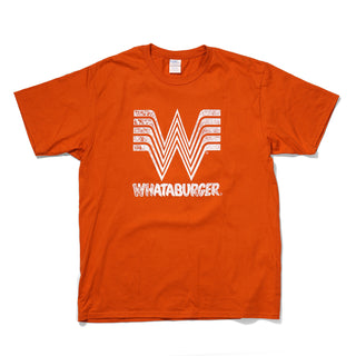 Orange t-shirt with white 'Whataburger' logo on a white background