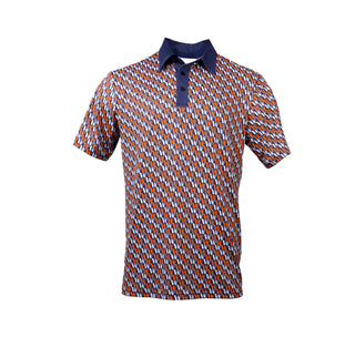 The Navy W Golf Polo features a dynamic repeating pattern of the Whataburger "W" logo in white, orange, and navy blue, creating a striking geometric effect. The polo has a classic navy collar with a three-button placket, offering a polished and sporty look.