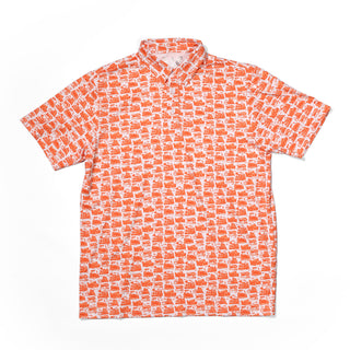 Short-sleeve shirt with orange and white pattern on a white background