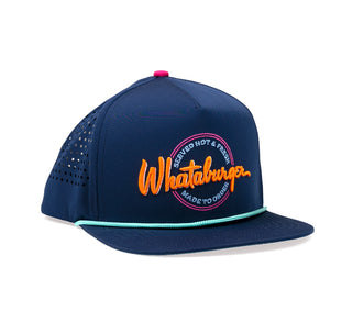 Front View: Navy Staunch Hat with mint rope detail, Whataburger - Served hot and fresh, made to order emblem
