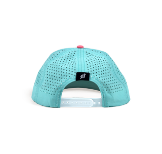 Back View Retro Aqua Staunch Collection Hat Product Detail: Color: Aqua Material: Nylon Crown: Mid Height/Structured Panel: 5 Ventilation: Perforated Holes Bill: Flat/Curved (hybrid) Closure: Adjustable Snap Back