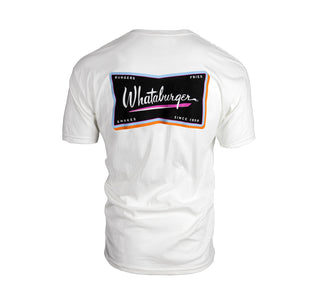 view back of white champion t-shirt design features the whataburger script lettering on a black background bordered by blue and orange colors. burgers fries shakes since 1950.