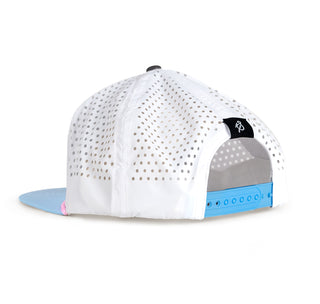view back of white burgers fries shakes staunch hat featuring a snap closure