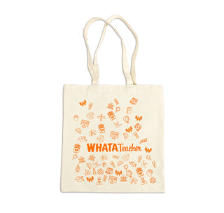 View Whatateacher Canvas tote with orange designs depicting subjects from science to math and technology!