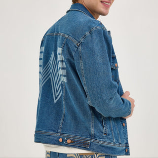 Side and back view of the Wrangler® x Whataburger® Men's Laser Denim Jacket – A male model turns slightly, revealing the back of the Wrangler® x Whataburger® Men's Laser Denim Jacket, which features a large, laser-etched Flying W logo. The jacket’s Western-inspired design and relaxed fit are showcased.