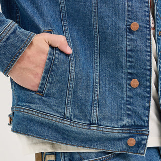 Close-up of side pocket and stitching – A zoomed-in view of the side pocket, highlighting the rugged denim texture, copper buttons, and precise stitching.