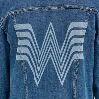 Back detail of the Wrangler® x Whataburger® Men's Laser Denim Jacket – A close-up of the large laser-etched Whataburger® "W" logo on the back, emphasizing the unique design.