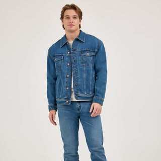 Full-body shot of the Wrangler® x Whataburger® Men's Laser Denim Jacket outfit – The model wears the denim jacket paired with matching Wrangler® x Whataburger® for a full Western-inspired look.