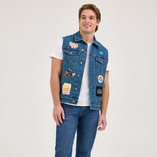 Full front view of the Wrangler® x Whataburger® Men's Cut-Off Vest – A male model wears the Wrangler® x Whataburger® Men's Cut-Off Vest, showcasing its embroidered patches, copper buttons, and classic denim details.