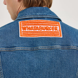 Back detail of the Wrangler® x Whataburger® Men's Cut-Off Vest – A close-up of the upper back of the Wrangler® x Whataburger® Men's Cut-Off Vest, showcasing a large, orange Whataburger® logo patch.