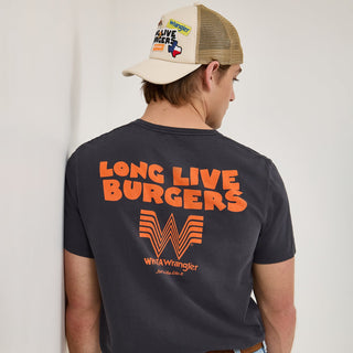 Back View with Hat – A rear view of the model wearing the t-shirt, showcasing the back graphic that reads "LONG LIVE BURGERS" in bold orange letters above the Whataburger "W" logo. The model is also wearing a mesh back trucker hat with Wrangler and Whataburger branding.