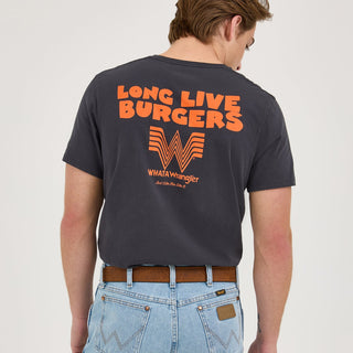  A closer look at the back of the t-shirt, emphasizing the large "LONG LIVE BURGERS" slogan and Whataburger "W" logo in bright orange against the faded black fabric.