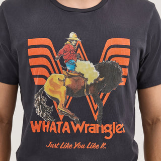 Wrangler® x Whataburger® Long Live Burgers T-Shirt – Front Graphic Close-Up
A detailed close-up of the Wrangler® x Whataburger® Long Live Burgers T-Shirt front design, showcasing the vintage bronco-riding cowboy illustration, set against the Flying W Whataburger logo in bright orange. The text "WHATAWrangler" is embroidered in bold Western-style lettering.