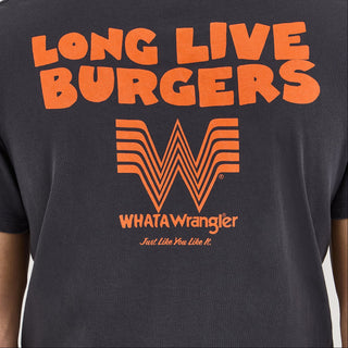 Wrangler® x Whataburger® Long Live Burgers T-Shirt – Back Graphic Close-Up
A zoomed-in view of the upper back of the Wrangler® x Whataburger® Long Live Burgers T-Shirt, focusing on the "LONG LIVE BURGERS" typography and the Flying W Whataburger logo, both printed in vibrant orange for a bold contrast.