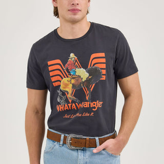 Wrangler® x Whataburger® Long Live Burgers T-Shirt – Mid-Length Front View The model stands facing the camera, styled with a brown leather Western belt and light-wash Wrangler jeans, wearing the Wrangler® x Whataburger® Long Live Burgers T-Shirt.