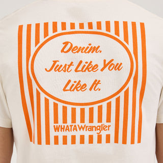 Close-Up of Back Design: A detailed shot of the back graphic, showing the bold orange and white stripes, the oval frame, and the phrase "Denim. Just Like You Like It." alongside the WHATAWrangler logo.