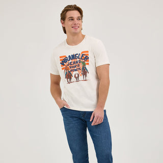 Full Body Shot: A full-length image of the model in the Wrangler® x Whataburger® White Graphic T-Shirt, paired with dark blue Wrangler jeans and brown cowboy boots. He stands confidently against a neutral background.