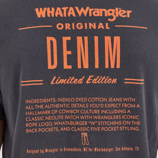 A detailed close-up of the back print of the Wrangler® x Whataburger® Ingredient T-Shirt. The text mimics an ingredient label, describing the craftsmanship of Wrangler jeans with references to classic cowboy culture, including the "W" stitching on the back pockets.